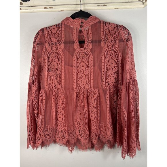 ReadySkylar + Jade Lace Top Boho Chic Long Sleeves Rose High Neck Medium - Picture 2 of 8